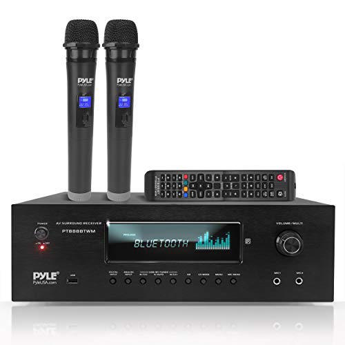 Pyle 1000W Bluetooth Home Theater Karaoke Receiver - 5.2-Ch Stereo Amplifier 2 UHF Wireless Microphone Video Pass-Through Supports, MP3/USB/HDMI/AM/FM Radio -  PT888BTWM , Black