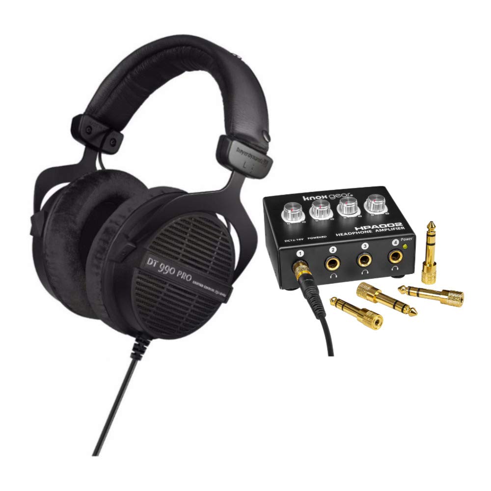 BeyerDynamic DT 990 PRO 250 ohm Studio Headphones (Ninja Black, Limited Edition) with 4-Channel Headphone Amplifier Bundle (2 Items)