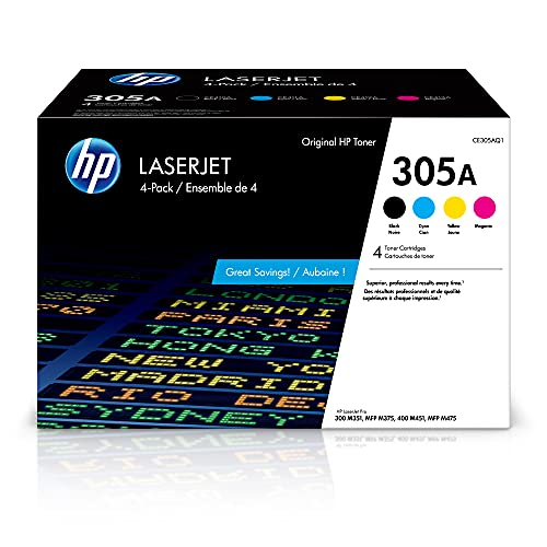 HP Original  305A Black, Cyan, Magenta, Yellow Toner Cartridges (4-pack) | Works with LaserJet Pro 300 M351, LaserJet Pro 300 MFP M375, LaserJet Pro 400 M451, LaserJet Pro 400 MFP M475 | CE305AQ1