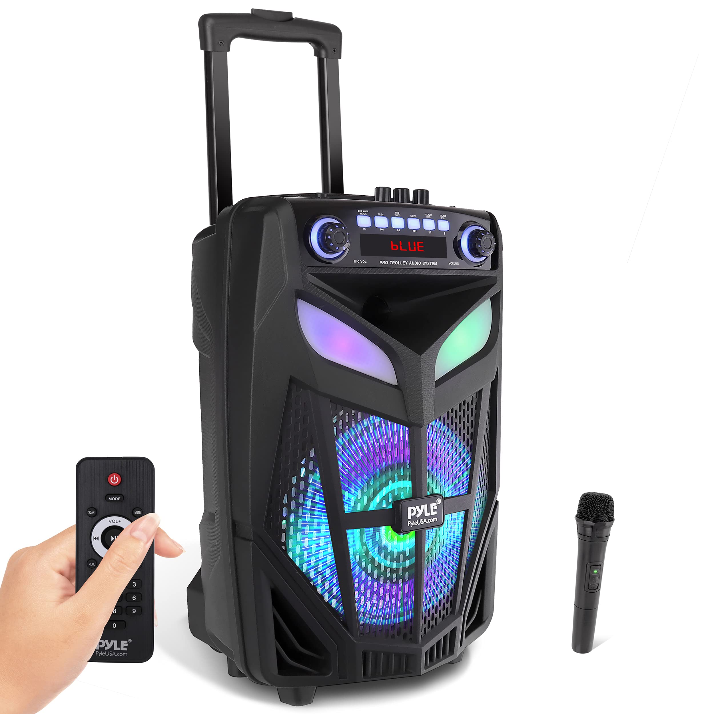  Pyle Portable Bluetooth PA Speaker System - 800W 12” Outdoor Bluetooth Speaker Portable PA System - Party Lights, USB SD Card Reader, FM Radio, Rolling Wheels - Wireless microphone, Remote - PPHP121WMB...